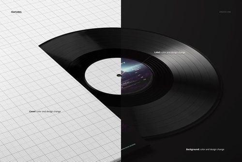 Black vinyl record mockup displayed at an angle, half in a white grid cover and half on a dark background.