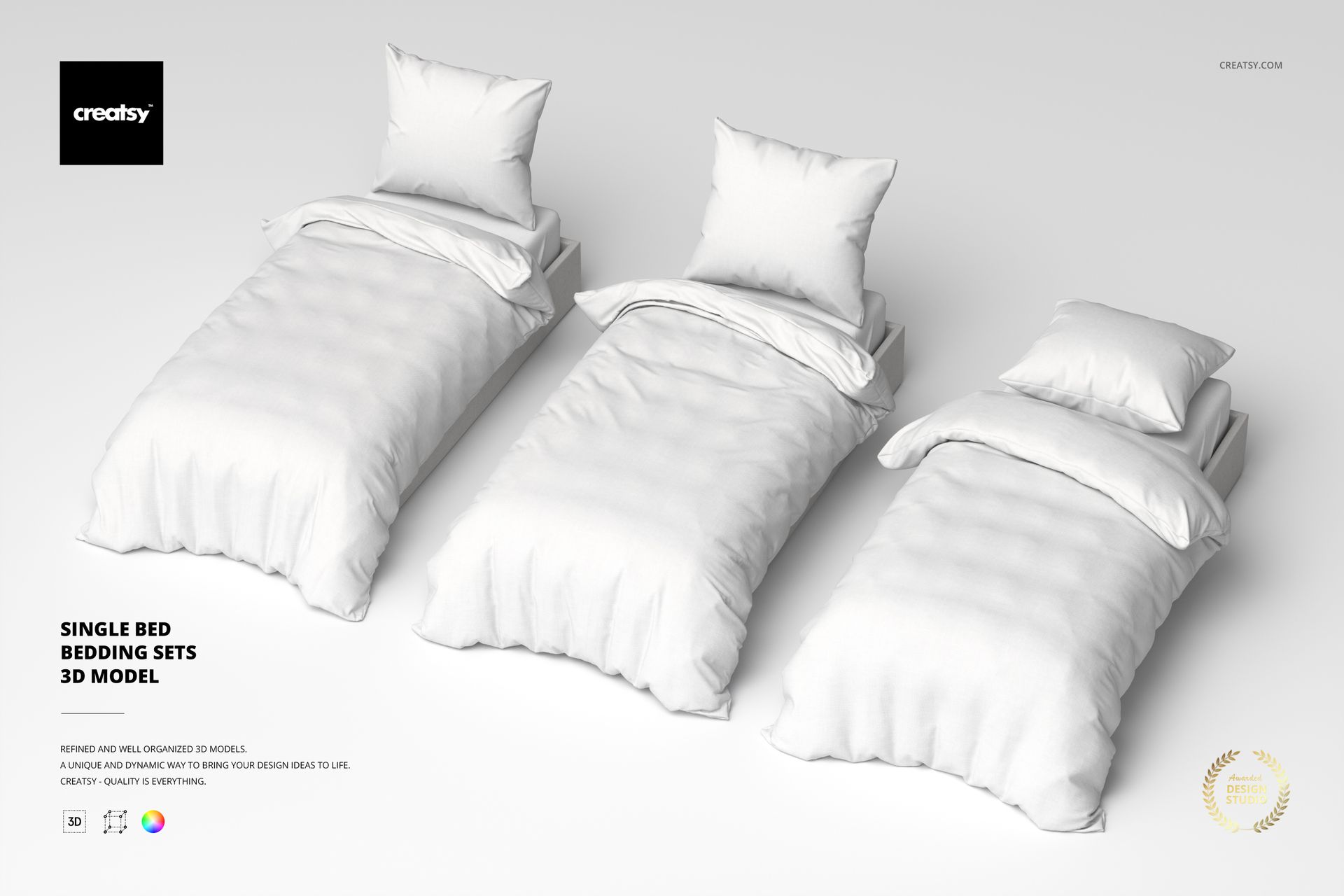 Three single bed bedding sets in white displayed on a plain surface, viewed from a slightly elevated front angle.