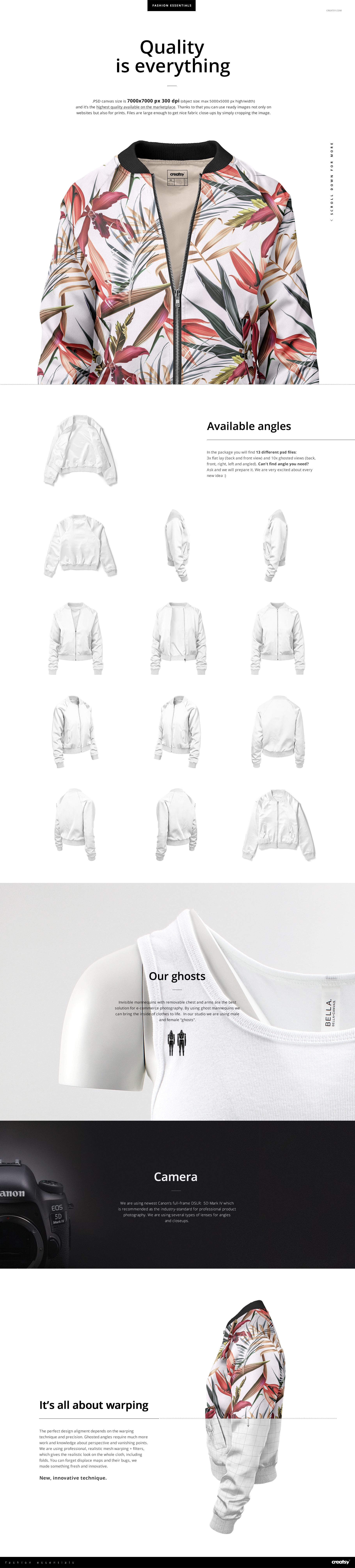 Women's bomber jacket mockup featuring a botanical pattern, displayed front view with zipper and collar detail.