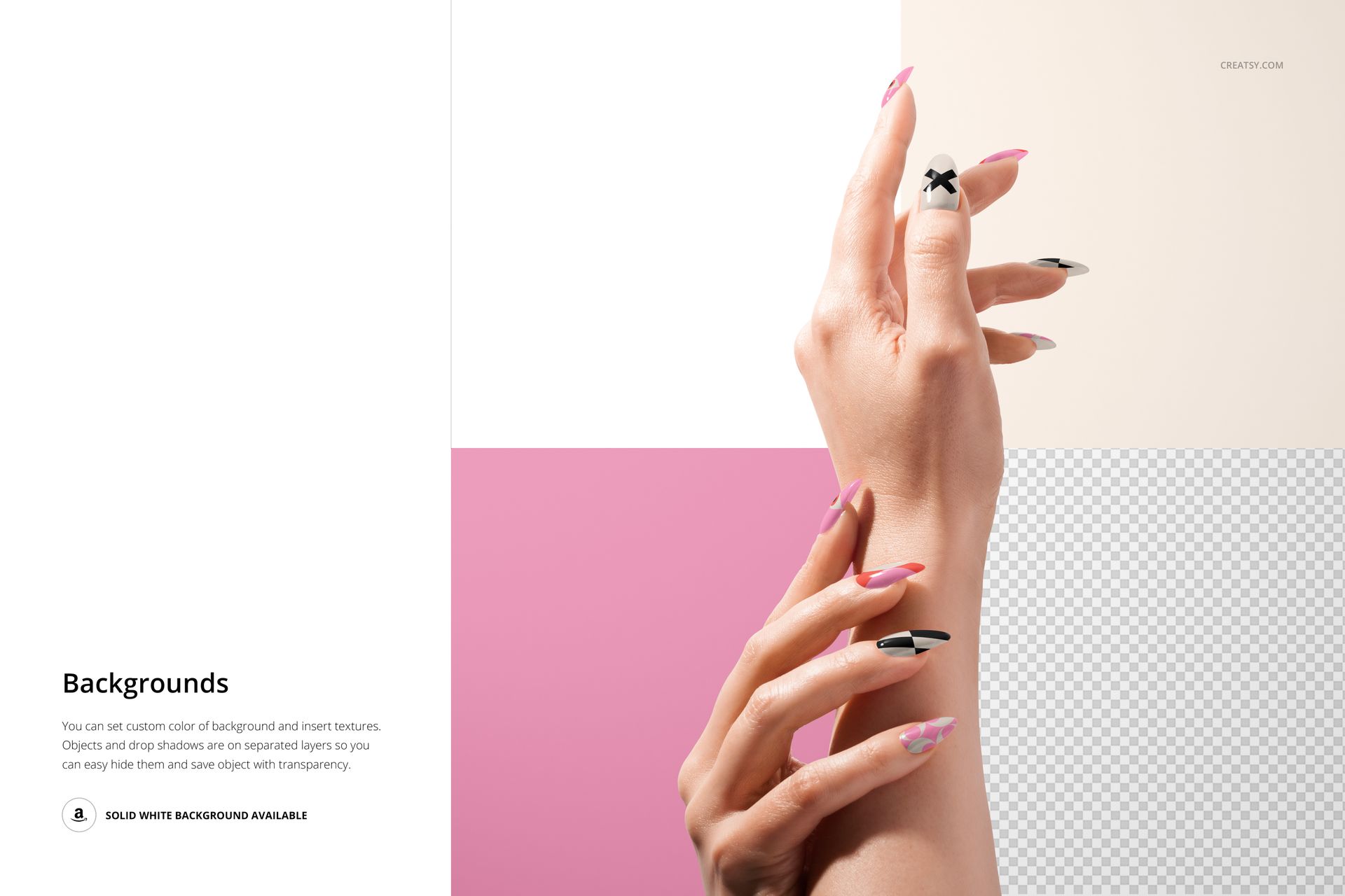 Mockup of hands with manicured nails featuring pink and black designs, displayed on a pastel and transparent backdrop.
