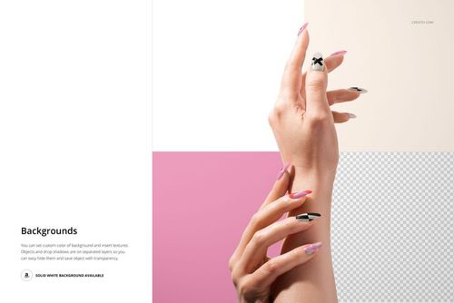 Mockup of hands with manicured nails featuring pink and black designs, displayed on a pastel and transparent backdrop.