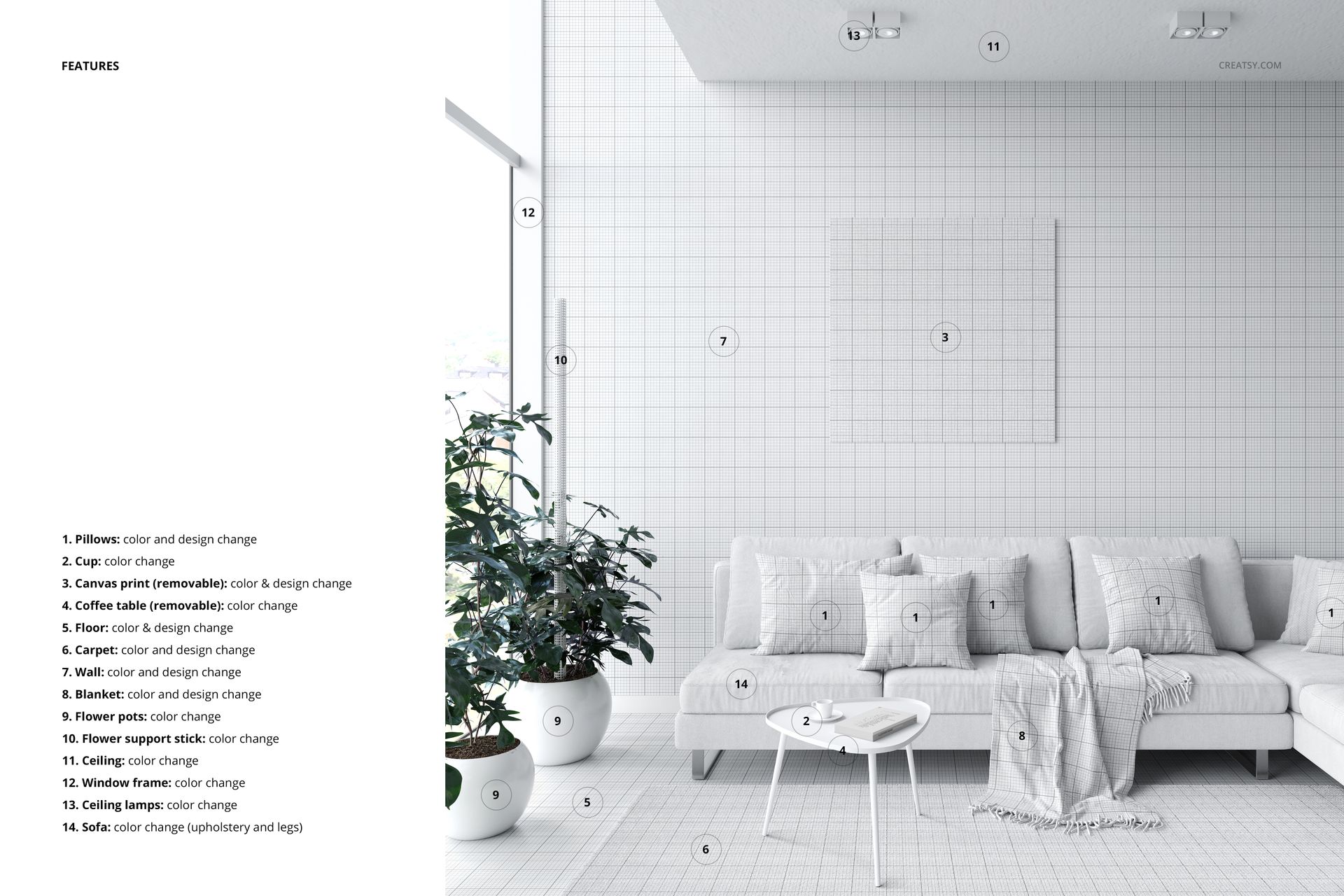Modern living room sofa mockup featuring a white sofa with patterned pillows, potted plants, and minimal decor in a bright space.