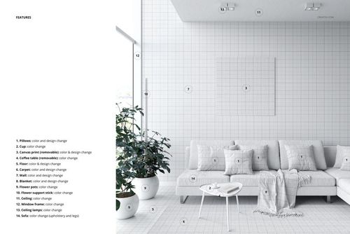 Modern living room sofa mockup featuring a white sofa with patterned pillows, potted plants, and minimal decor in a bright space.