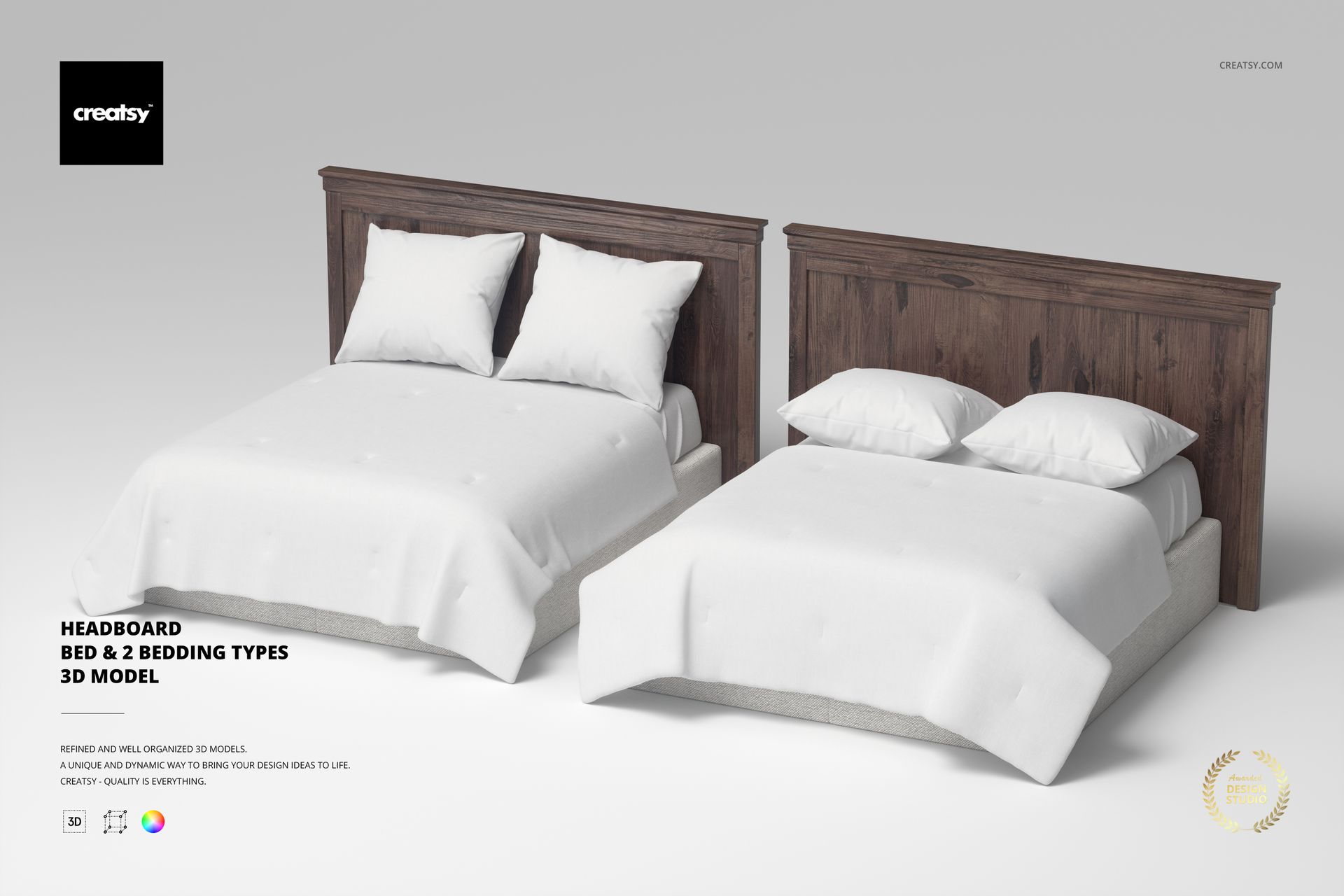 Front view of two headboard beds with white bedding and pillows, set against a plain light background.