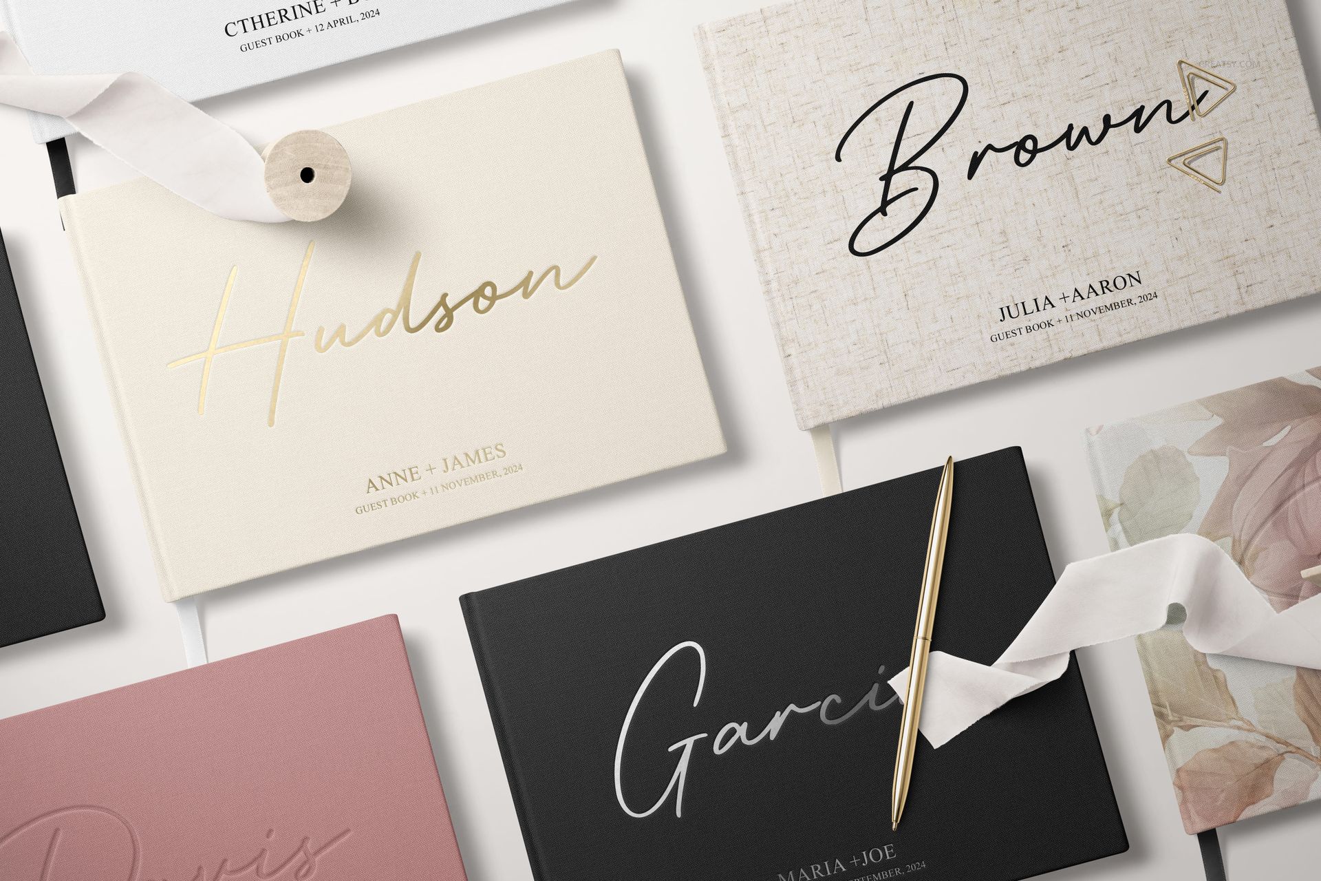PSD mockup featuring assorted landscape wedding guest books, soft shadows, and elegant details in a studio setting.