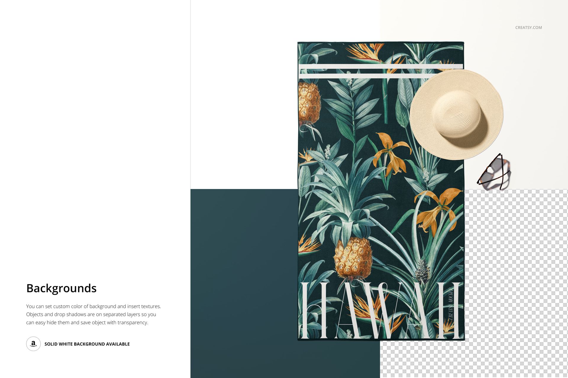 Top view of a beach towel mockup with tropical leaf and pineapple pattern, straw hat and sunglasses on side.