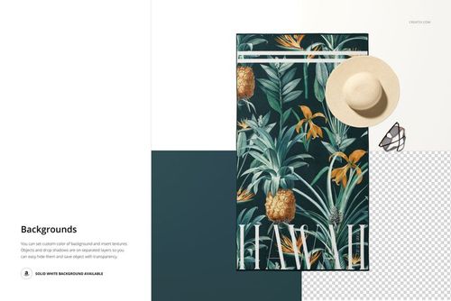 Top view of a beach towel mockup with tropical leaf and pineapple pattern, straw hat and sunglasses on side.