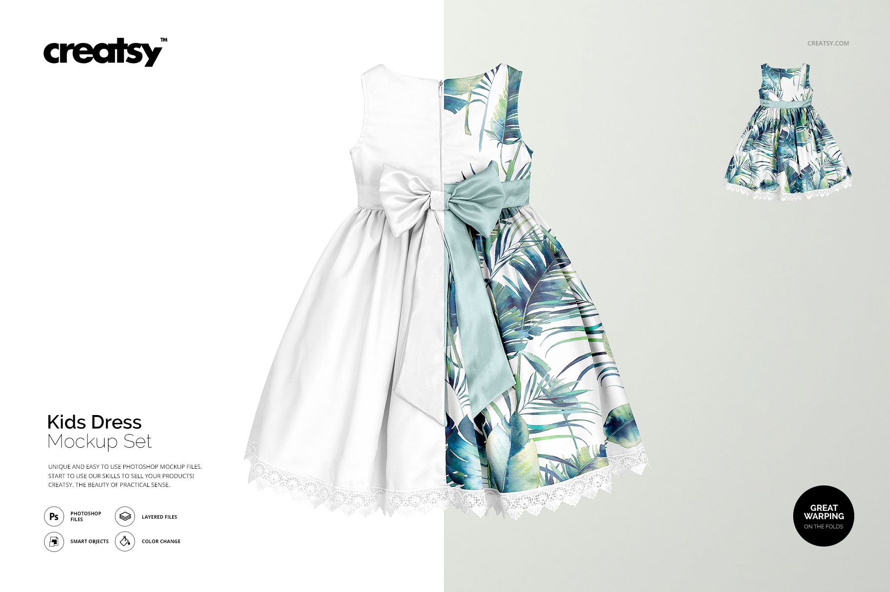 Front view of a kids dress mockup with half solid white and half tropical leaf pattern, large bow at the waist, on a light background.
