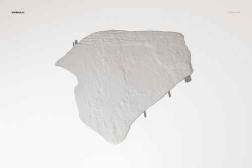 Top view of a fabric rug shaped like a continent outline, shown in a white wireframe texture on a plain background.