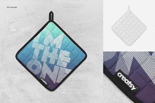Square kitchen pot holder mockup with bold gradient design and large text, shown from a top-down perspective.