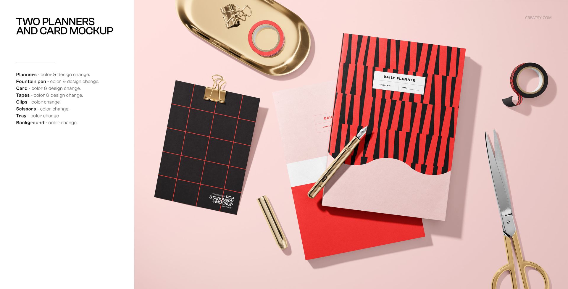 Stationery mockup featuring two planners, a card, gold pen, gold tray, scissors, and tape on a pink surface.