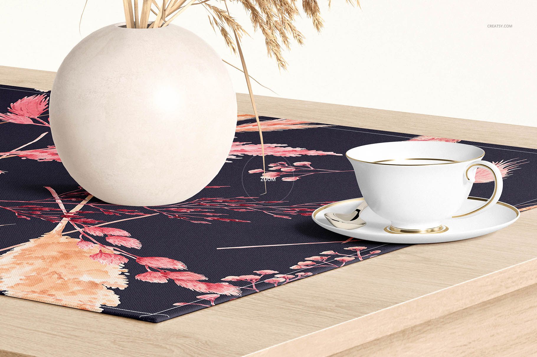 60x120cm table runner PSD mockup featuring botanical design, styled with ceramic vase and elegant teacup on tabletop.