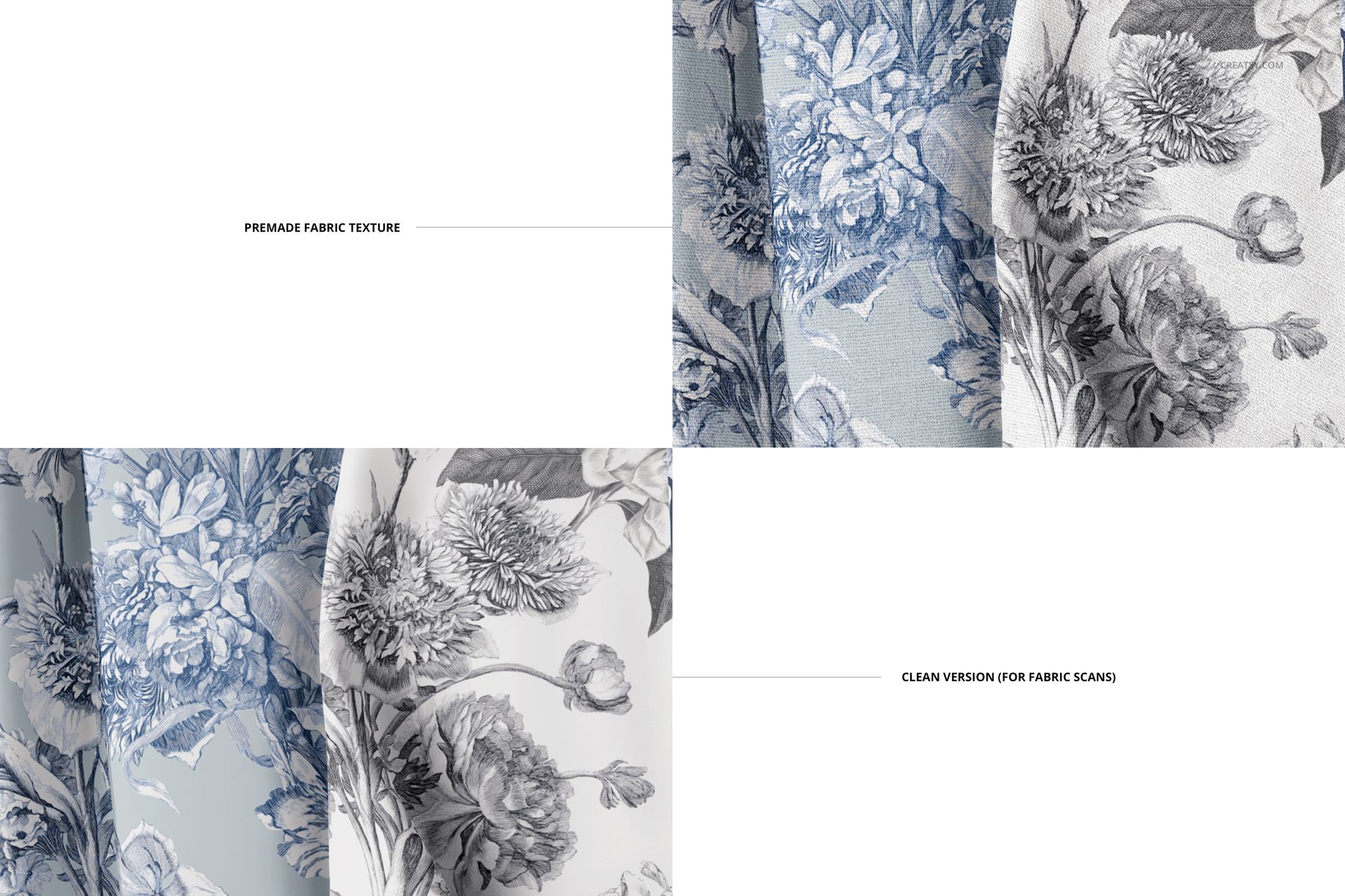 Creased fabric mockup featuring two floral patterned textiles in blue and gray tones, shown from a front angle.