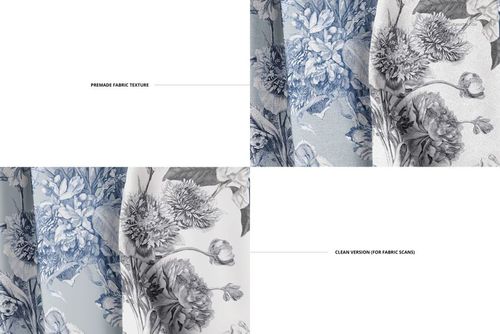 Creased fabric mockup featuring two floral patterned textiles in blue and gray tones, shown from a front angle.