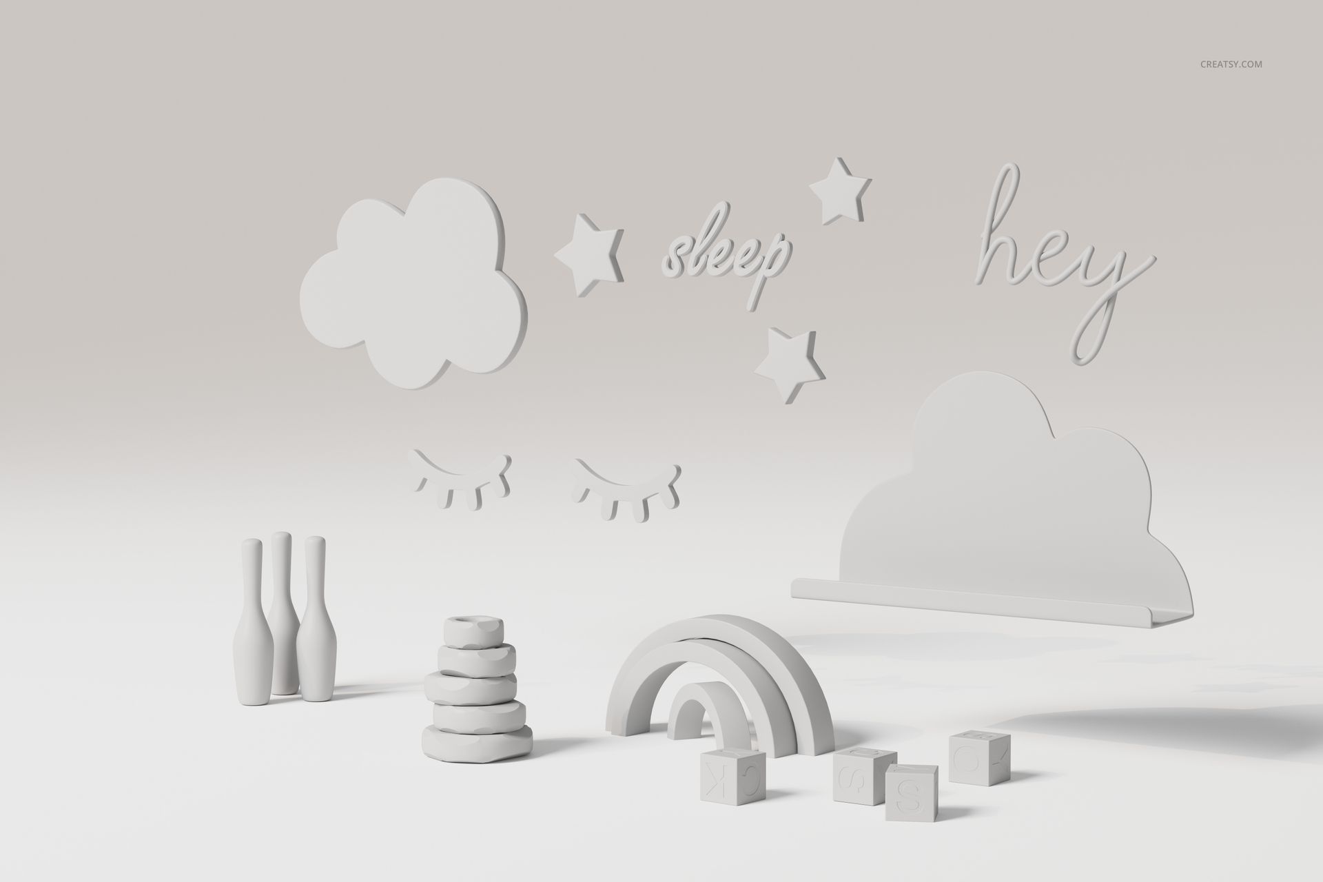 Front view of nursery decor collection featuring white cloud, stars, rainbow, bottles, cubes, and script words on a light background.