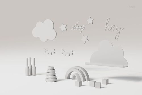 Front view of nursery decor collection featuring white cloud, stars, rainbow, bottles, cubes, and script words on a light background.