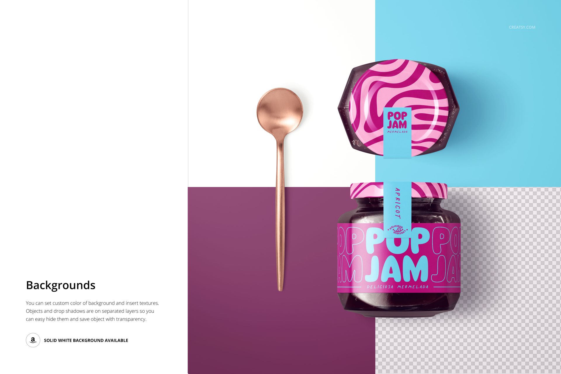 PSD mockup showing a blackcurrant jam jar with a bold pink and purple design, placed beside a metallic spoon on a divided backdrop.