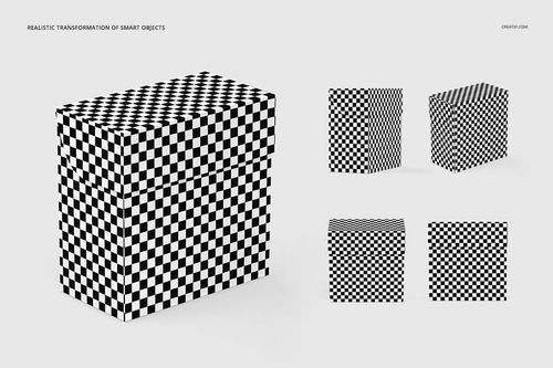 Front and side view of a tea box mockup with a black and white checkerboard pattern on a light background.