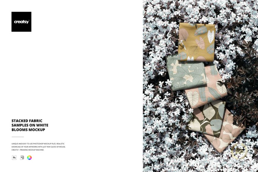 Stacked Fabric Samples on White Blooms Mockup - mockup screenshot 1