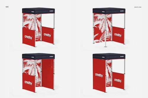 Four pop-up tent mockups with red side panels, white palm leaf graphics, and navy blue tops shown on a white background.