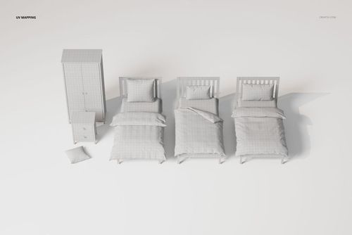 Front view of three kids beds with matching bedding, a wardrobe, a nightstand, and a pillow on a plain white background.