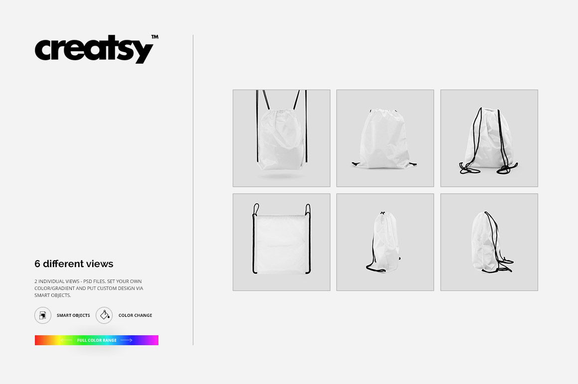 Drawstring bag mockup set showing six different views of a white bag with black strings on a neutral background.