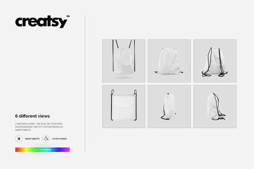 Drawstring bag mockup set showing six different views of a white bag with black strings on a neutral background.