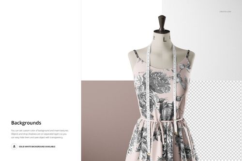 PSD mockup featuring a floral print dress displayed on a mannequin with a white measuring tape, shown from the front.
