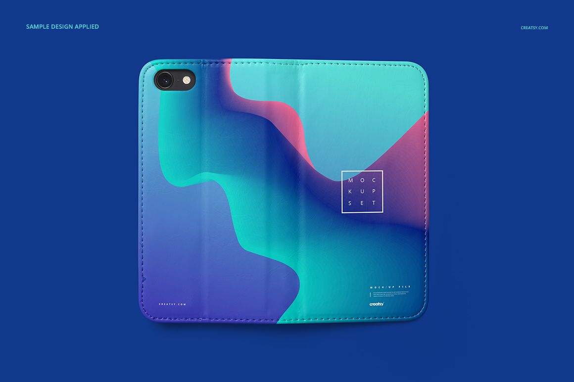 Foldable iPhone 8 case mockup with abstract blue, teal, and pink gradient design, shown from the back on a blue background.