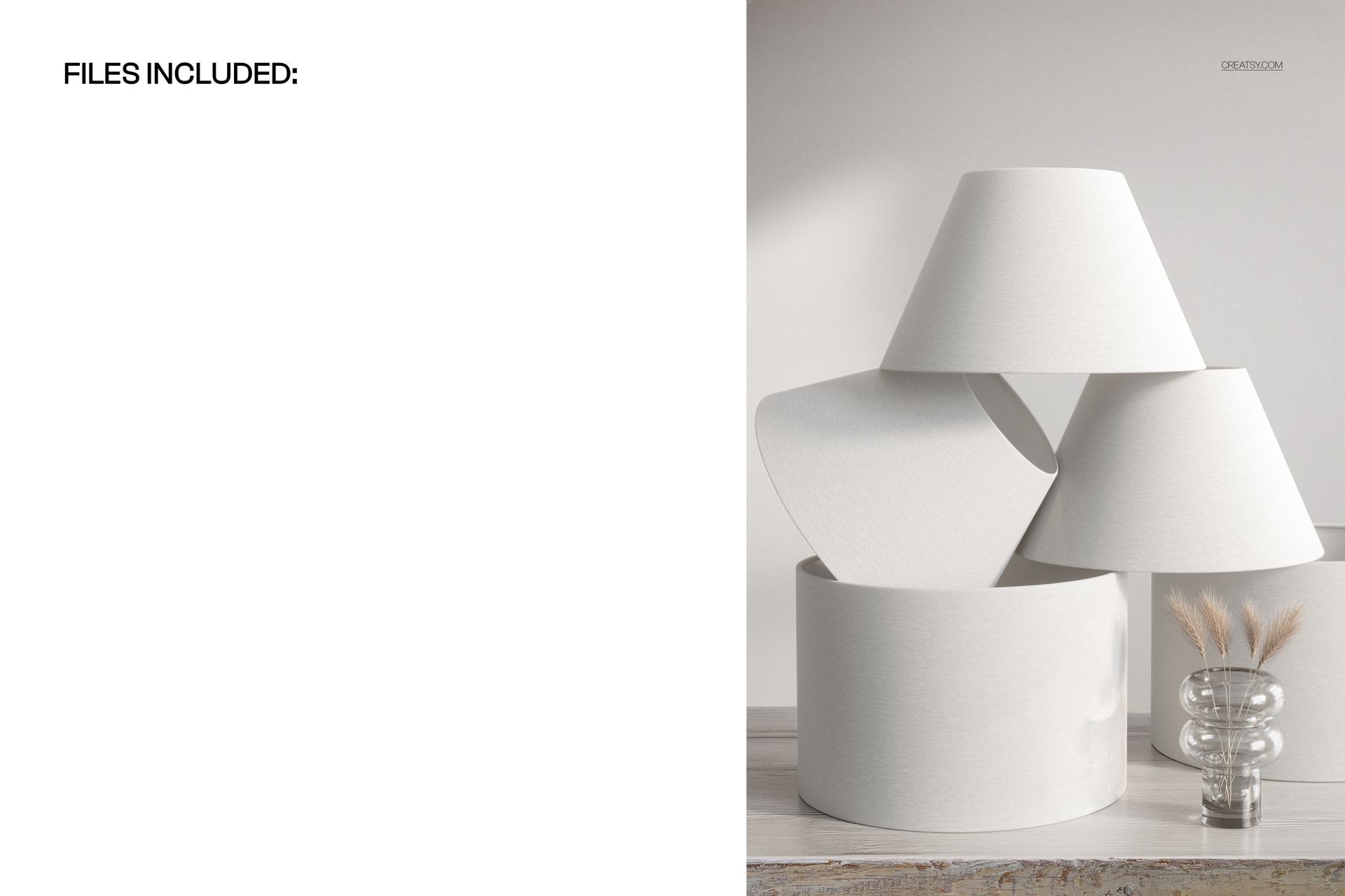 PSD mockup featuring three minimalist white lampshades arranged on a tabletop beside a glass vase with dried grass.
