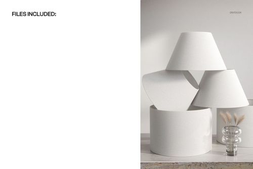 PSD mockup featuring three minimalist white lampshades arranged on a tabletop beside a glass vase with dried grass.