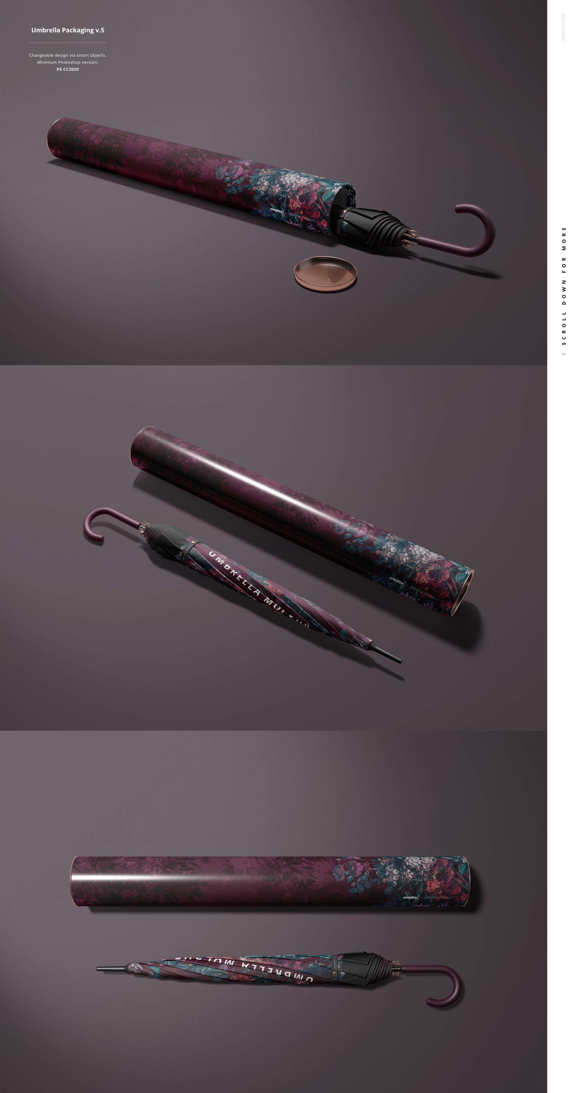 Umbrella mockup featuring a dark floral design and curved handle, paired with a coordinating protective sleeve.