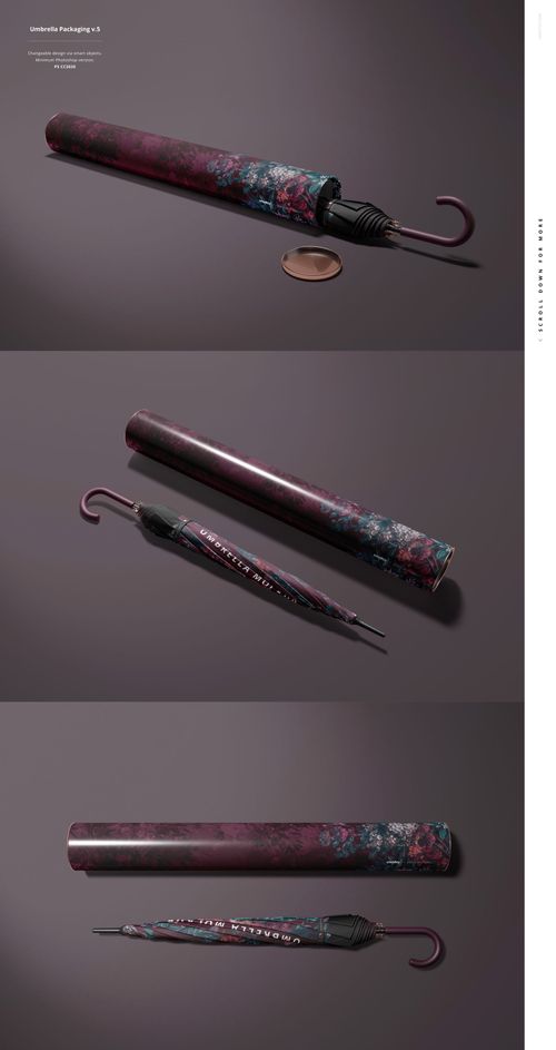 Umbrella mockup featuring a dark floral design and curved handle, paired with a coordinating protective sleeve.
