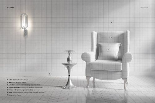 Front view of a retro velvet armchair mockup with a grid overlay, pillow, and small round side table in a minimalist room.