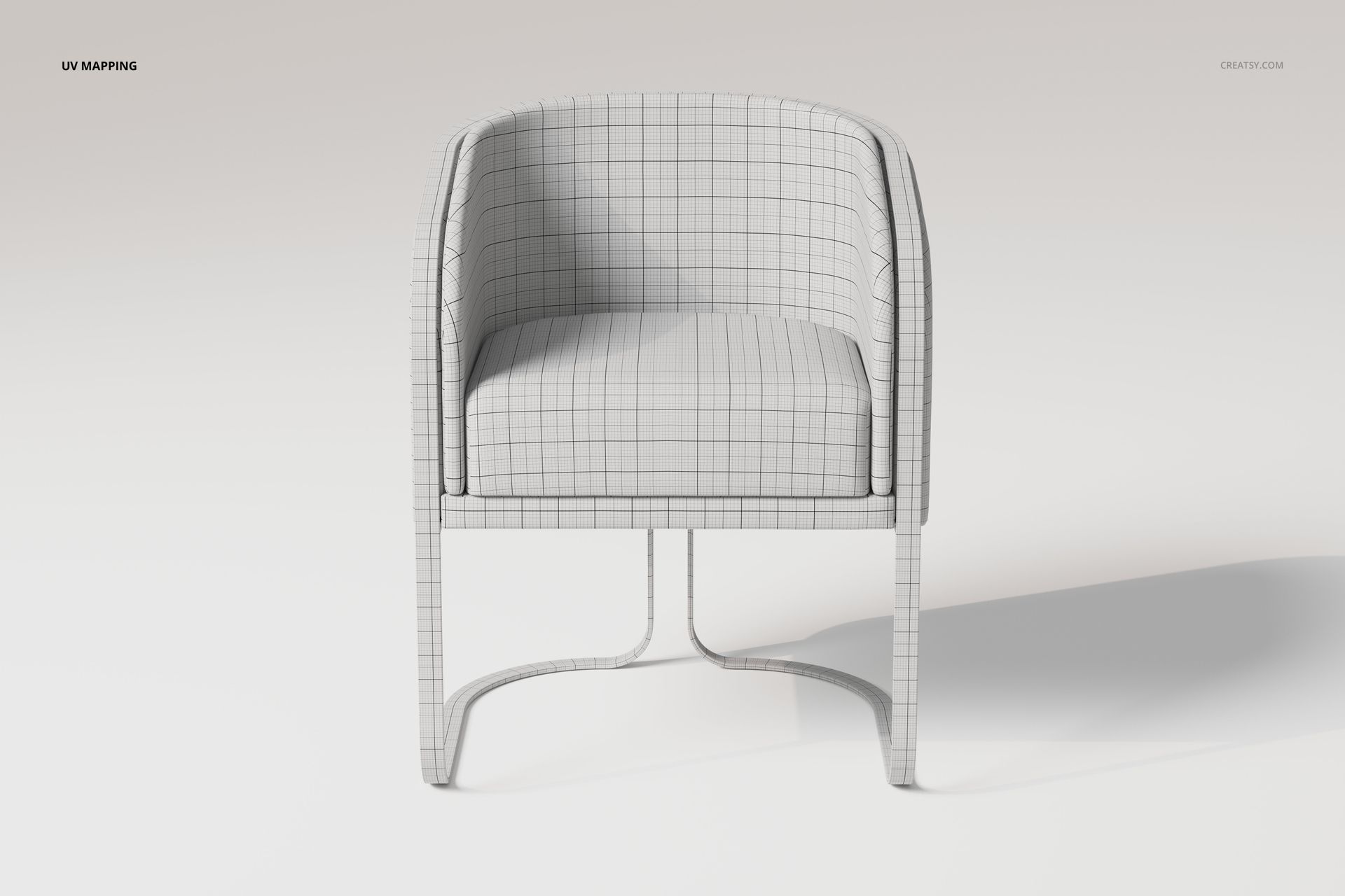 Front view of a modern tub chair with curved backrest and grid pattern texture, set against a light background.