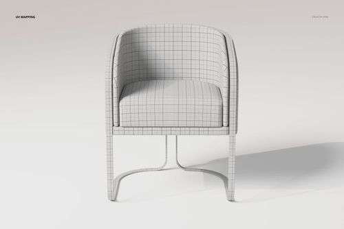 Front view of a modern tub chair with curved backrest and grid pattern texture, set against a light background.