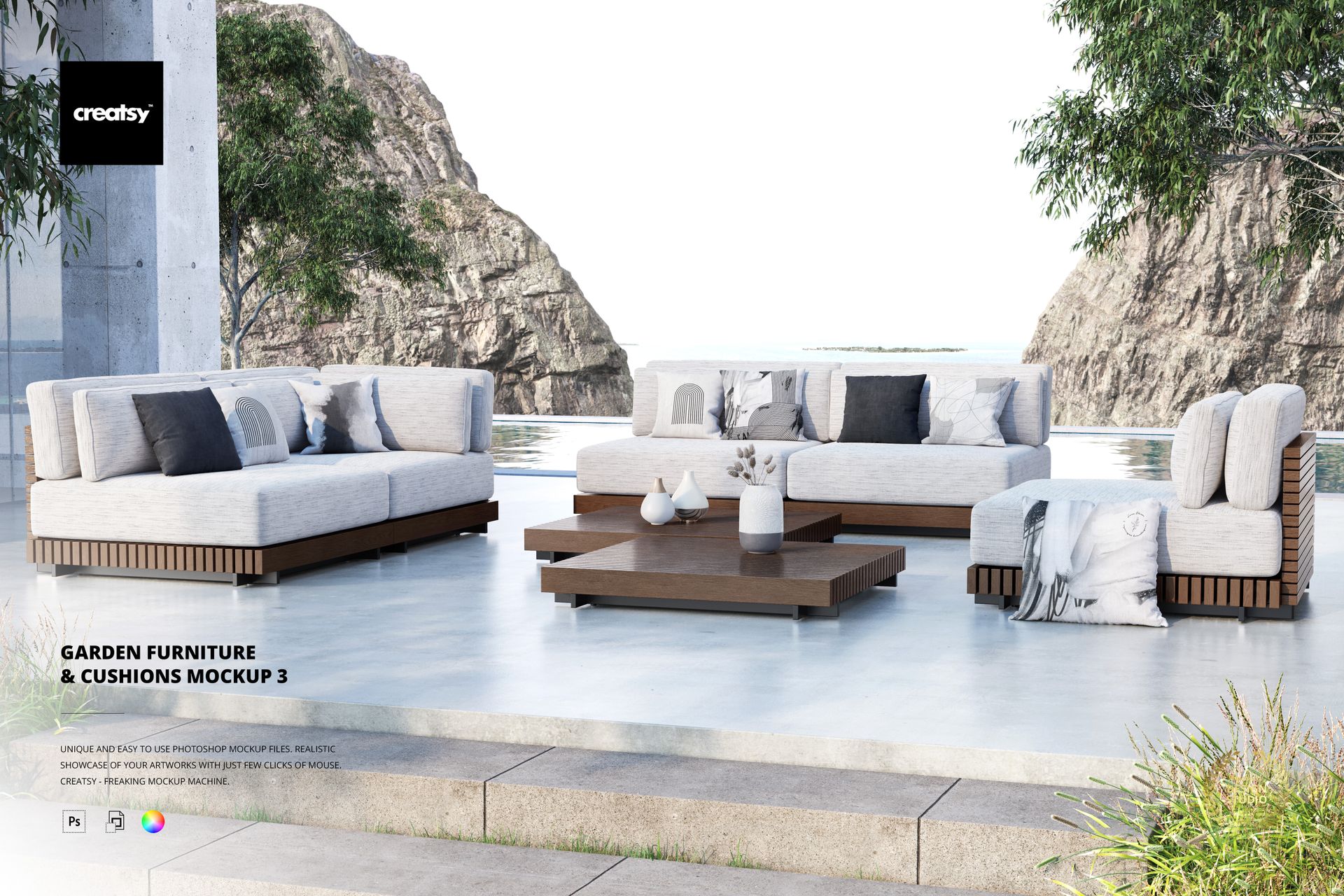 Outdoor seating mockup featuring sofas with light fabric cushions, wooden accents, and a central coffee table.