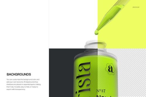 PSD mockup featuring a green pipette and dropper bottle neck, with a split color and transparent background design.