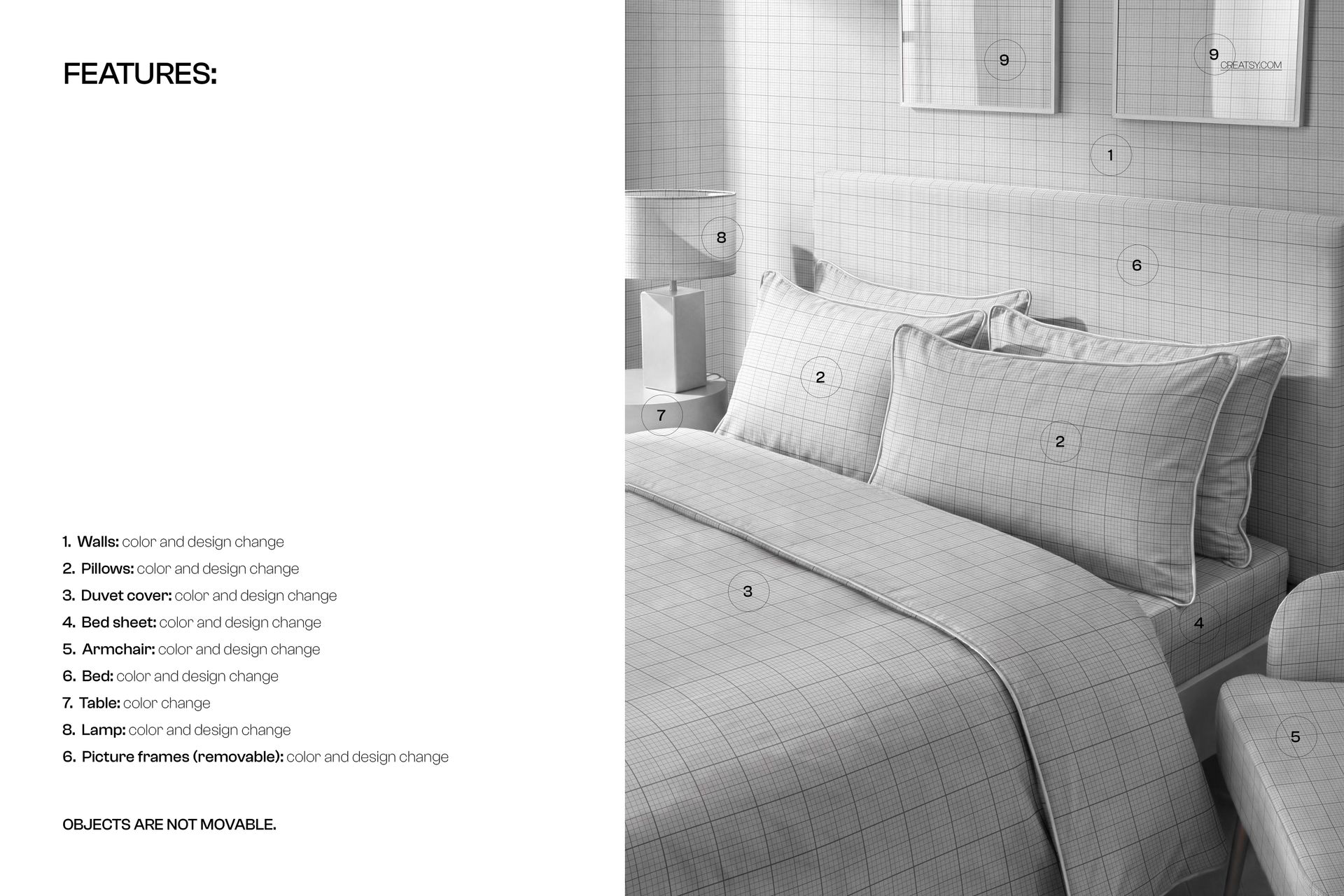Front view of a bedroom bedding set mockup with piped edges, featuring a grid pattern in light tones on pillows and duvet.