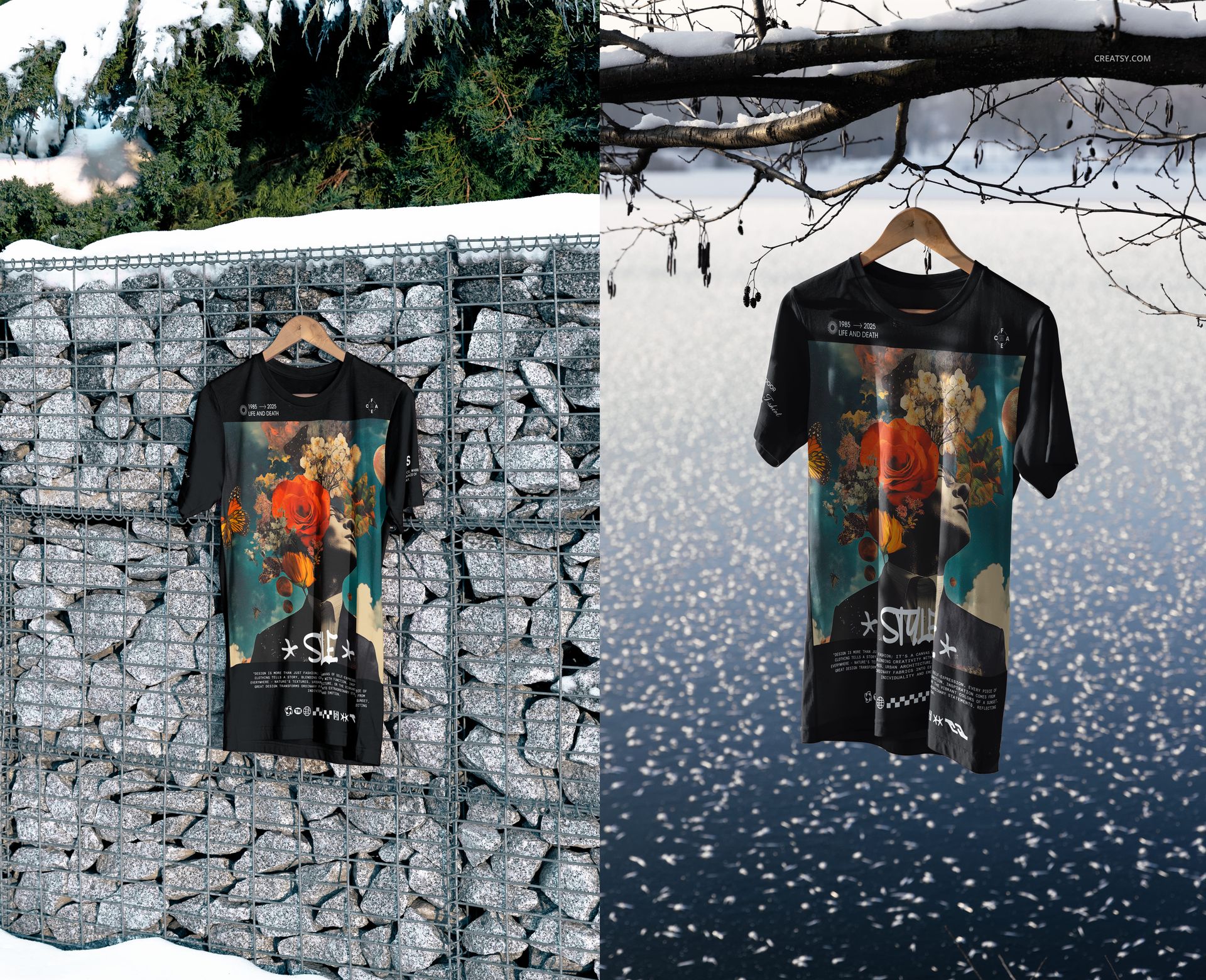 PSD mockup showing black t-shirts with artistic patterns, one against a stone wall and one above an icy, snow-covered lake.
