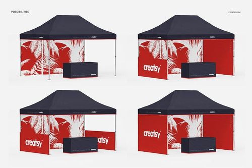 Pop up tent mockup with navy blue roof, red and white side panels featuring palm leaf graphics, shown from front view.