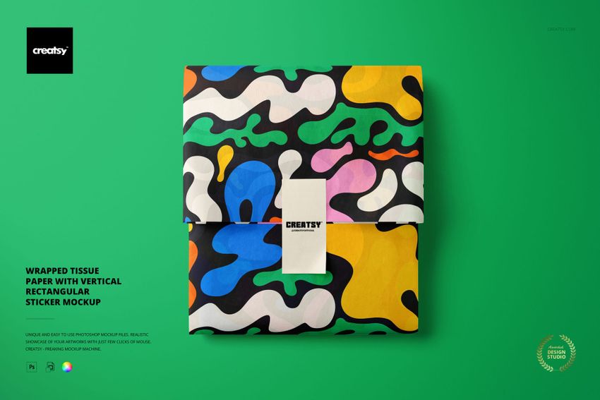Wrapped Tissue Paper with Vertical Rectangular Sticker Mockup - mockup screenshot 1