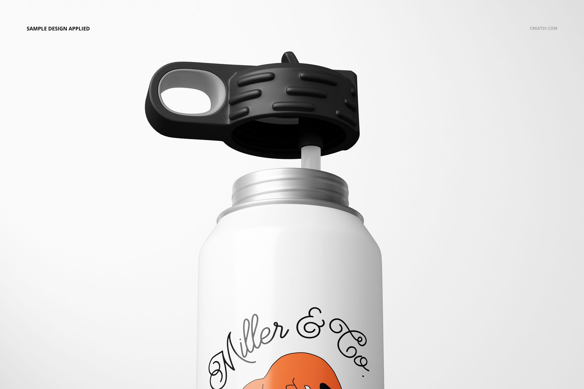Mockup of a white water bottle with black lid, partial orange and black artwork visible, isolated on a light background.