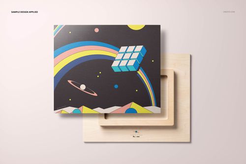 Rectangular plywood wall art mockup with a colorful geometric design, shown from a top view on a light surface.