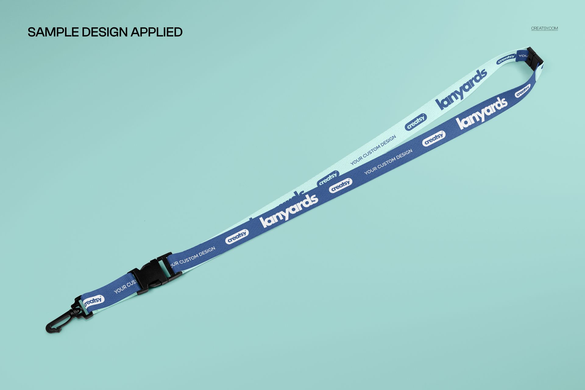 Single polyester lanyard mockup featuring blue and white stripes, safety breakaway buckle, and metal clip.