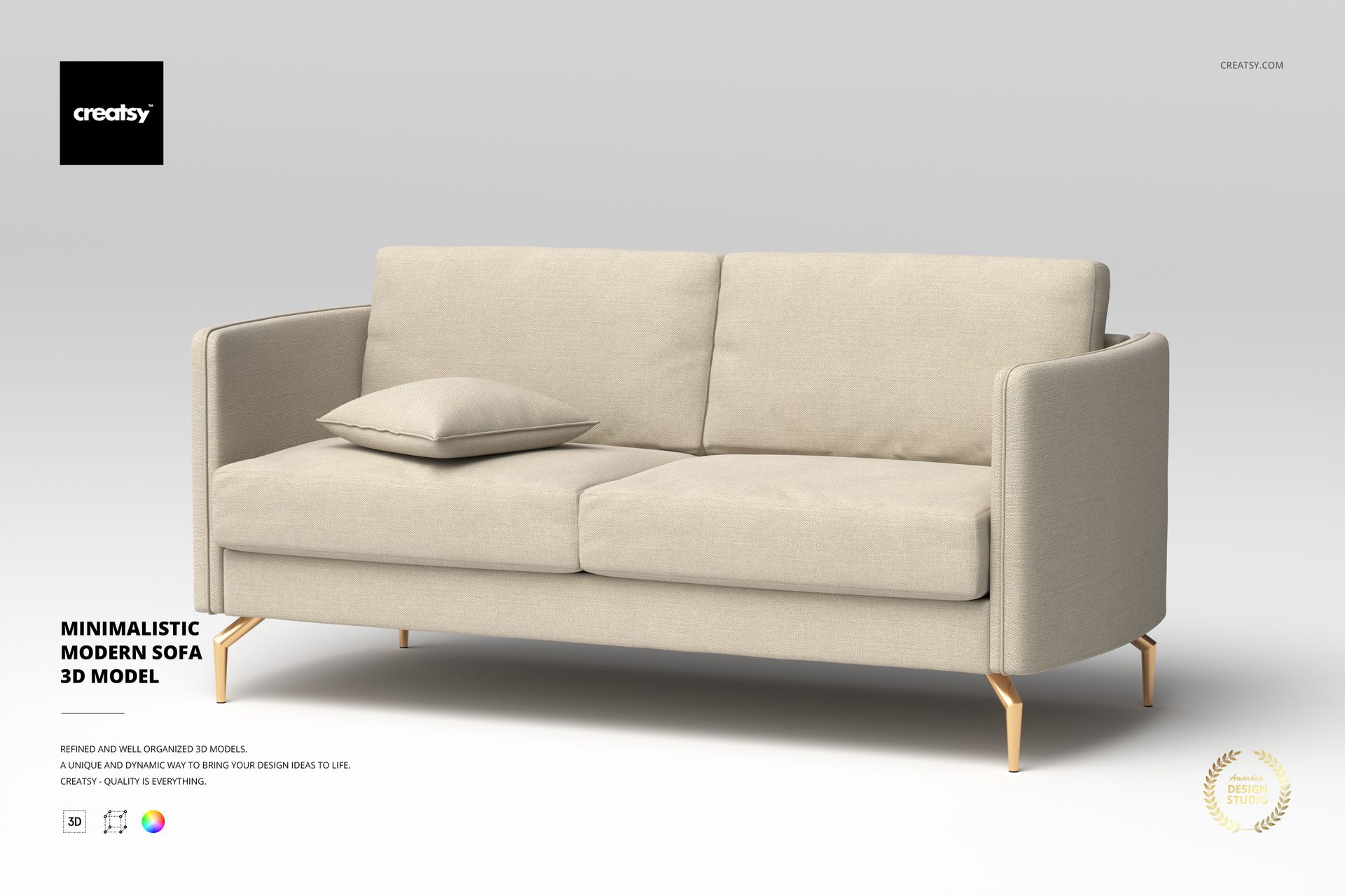Minimalistic modern sofa with light beige upholstery, gold legs, and a matching cushion, shown from a front angle on a plain background.