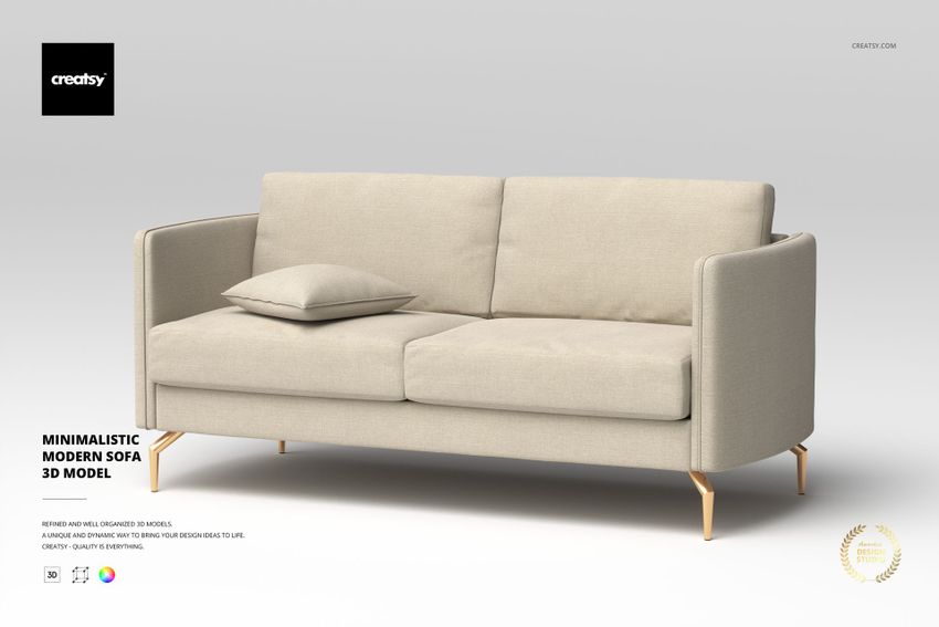 Minimalistic modern sofa with light beige upholstery, gold legs, and a matching cushion, shown from a front angle on a plain background.