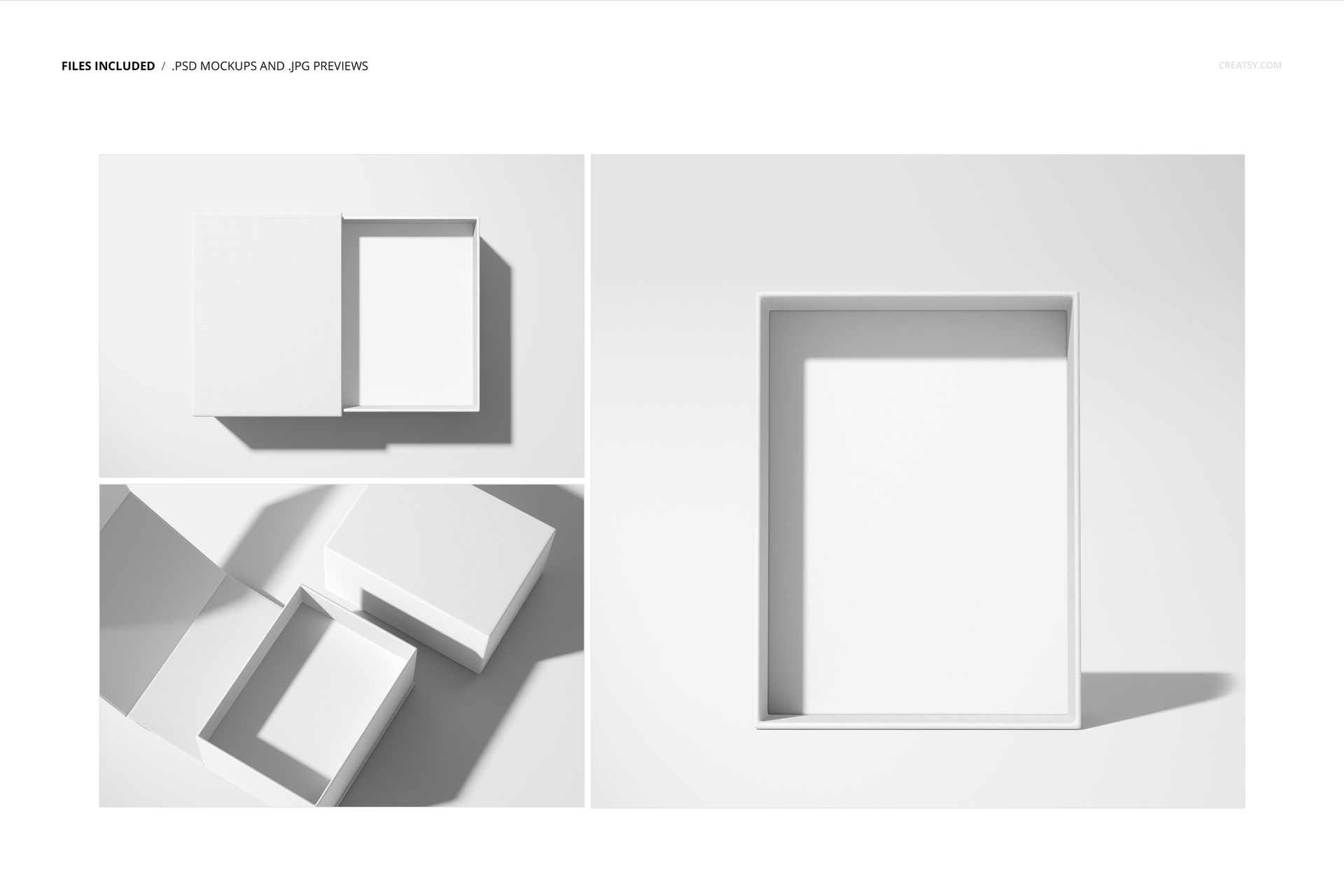 Minimalist white box insert tray mockup set featuring top and angled views with clean shadows on a plain background.