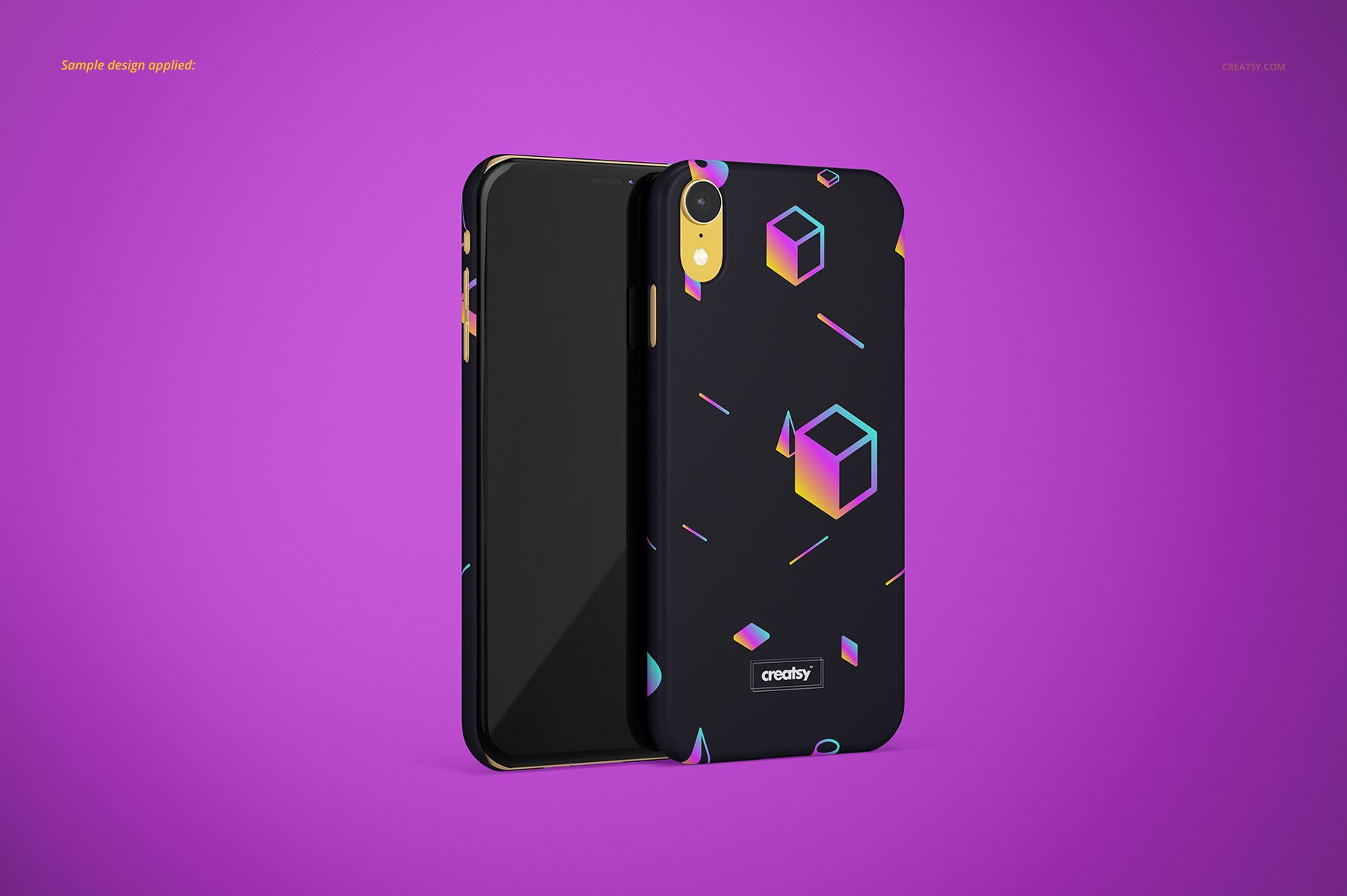 Matte iPhone XR snap case mockup with geometric cube pattern in neon colors, shown on a vibrant purple background.