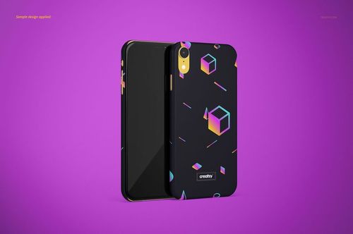 Matte iPhone XR snap case mockup with geometric cube pattern in neon colors, shown on a vibrant purple background.